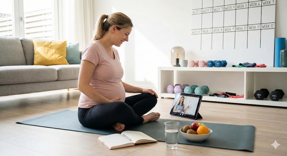 Pregnant woman following nutrition coaching at home