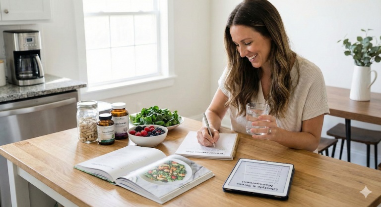 Woman planning food and nutrition at a table